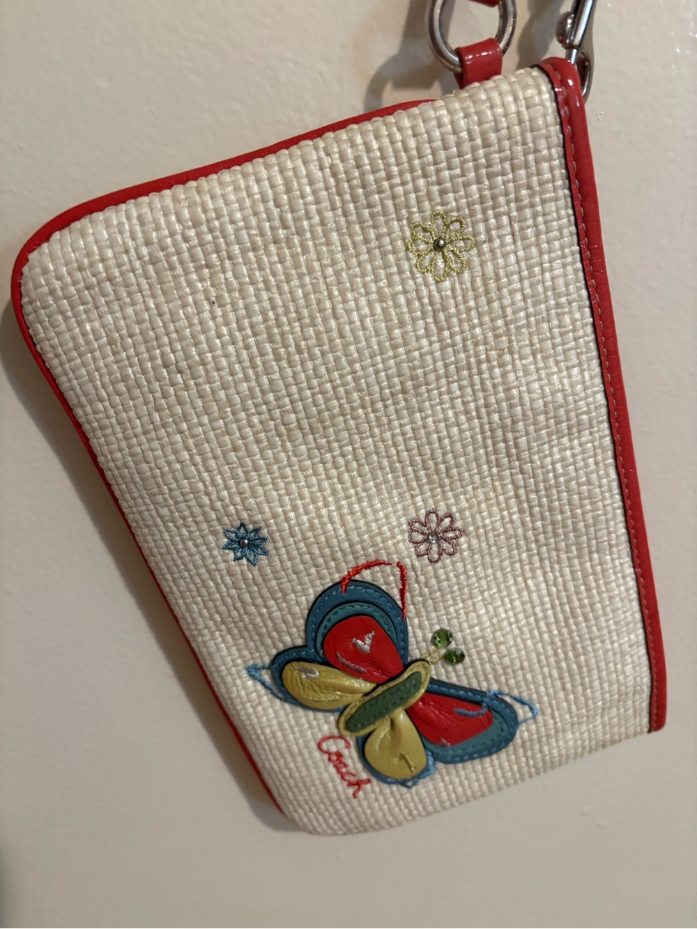 Coach Woven Cream Wristlet with Red Trim and Butterfly Embroidery 9x6β